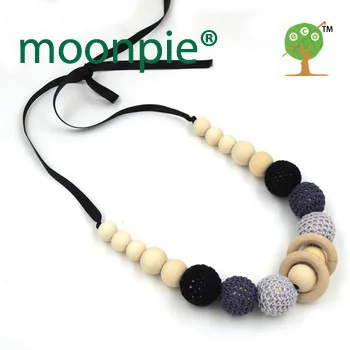 1PC SALE  grey black crochet teething necklace, Ribbon shade of grey wooden beads baby toy baby teether EN21