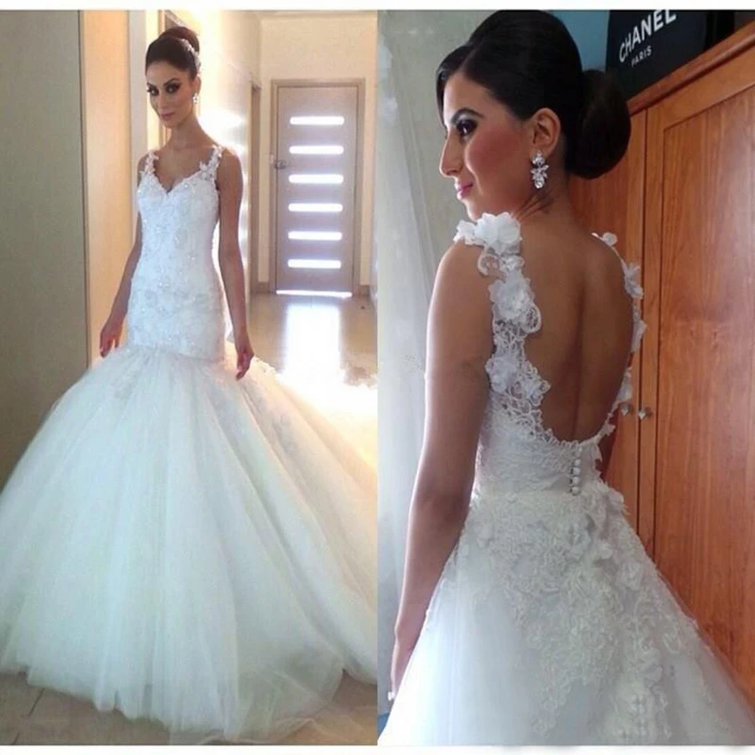 2017 Wedding Dresses Party Dresses Plus Size Mermaid Backless Spaghetti Straps Appliques Puffy Tulle Long Bridal Gowns Custom Made