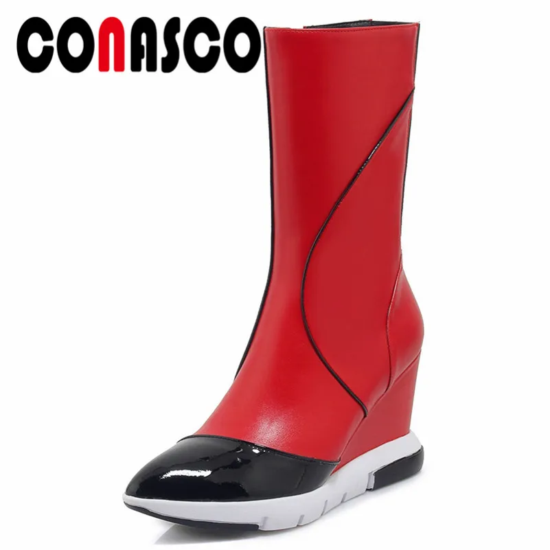 

CONASCO Hot New Arrive Women Boots Fashion Genuine Leather Pointed Toe Ladies Boots Wedges Heels Mid-calf Boots Shoes Woman