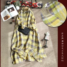 Весна осень для женщин Ультра свободные размера плюс желтый плед японский стиль мягкие удобные мыть водой льняная рубашка платья