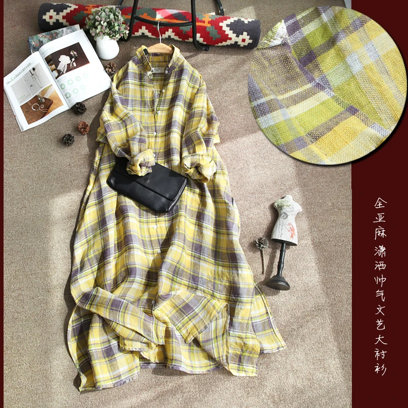 

Spring Autumn Women Ultra Loose Plus Size Yellow Plaid Japanese Style Soft Comfortable Water Washed Linen Shirt Dresses
