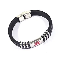 Moda Hombre Negro de Silicona Pulseras Encantos de la Cruz de Silicona Médica de Acero Inoxidable del Oro de Plata Brazalete Pulseras Joyería de Cuero