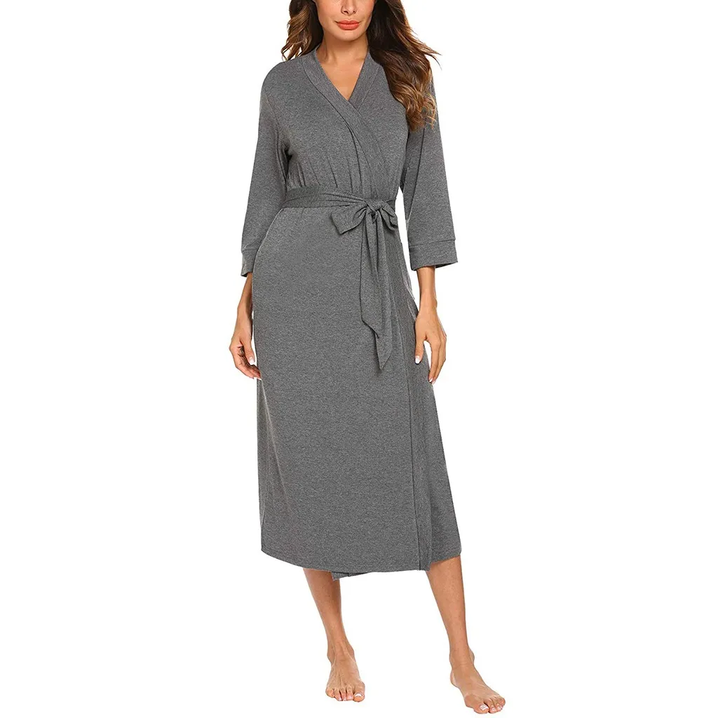 

Women's 4/3 Sleeve V-neck Long Robes Lightweight With Belt Solid bathing Robe Bathrobe Ladies Sleepwear plue size S-XXL#SS