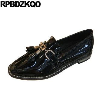 

patent leather handmade metal black women fringe square toe ladies beautiful flats shoes loafers red wine tassel embellished