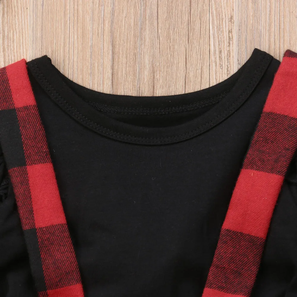От 0 до 4 лет, рождественский подарок для маленьких девочек, черная футболка с длинными рукавами+ красное клетчатое платье на бретелях комплект одежды из 2 предметов для девочек