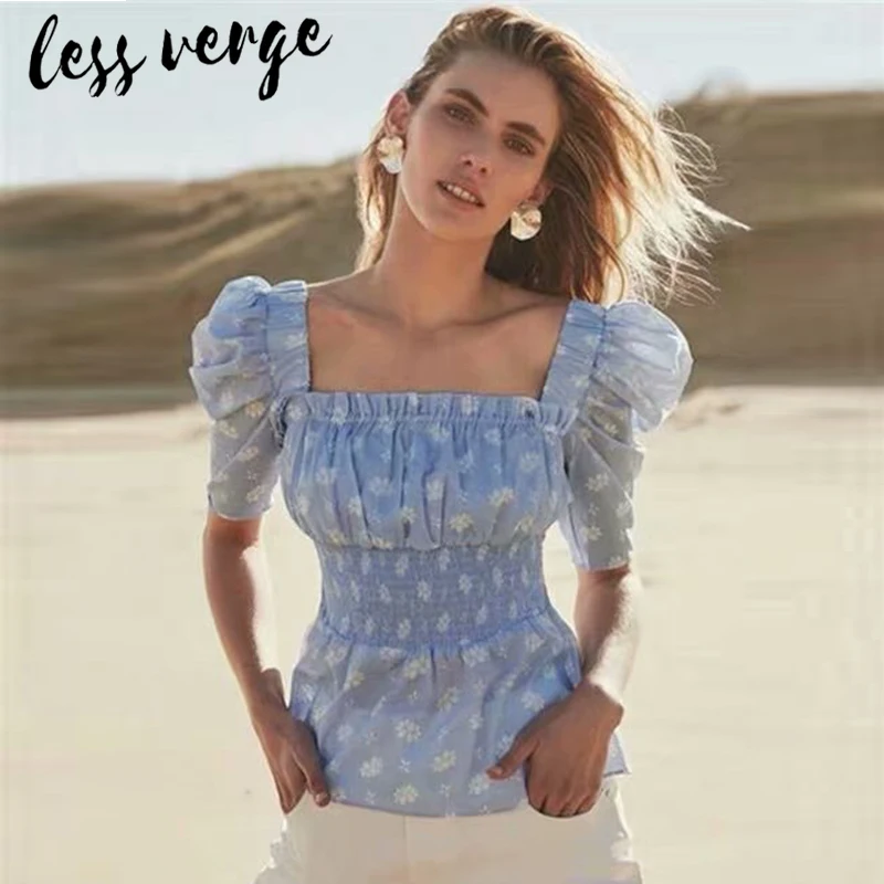 

lessverge Floral print ruffles womens tops and blouses Elegant woven transparent blue blouse shirt Office lady blusas femininas