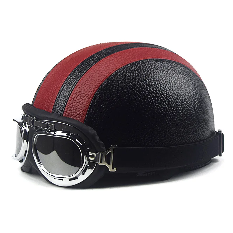 

S2R Retro Motorcycle Helmet Synthetic Leather Open Face Detachable Helmets With Visor Goggles Adjustable Halley coloured helmet