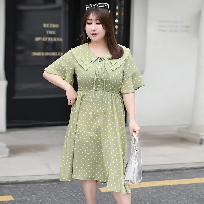 

XL-4XL 2019 Summer Large size Women Dress Casual Polka Dot Plus size Ruffles Dress Peter Pan Collar Elegant Office Lady Vestidos