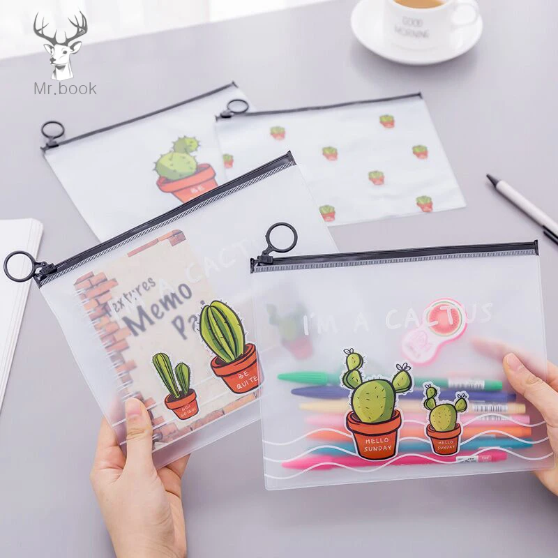 

17x21cm Cactus Printing A5 File Folder Dull Polish Transparent PVC Document Filing Bag Kawaii Stationery Bag Pencil Case