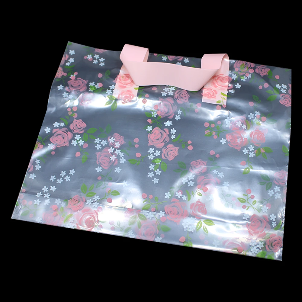 

DHL 200pcs/lot Transparent Plastic Shopping Bags with Handle Floral Rose Print Gift Clothes Retail Packing Large Clear Wholesale