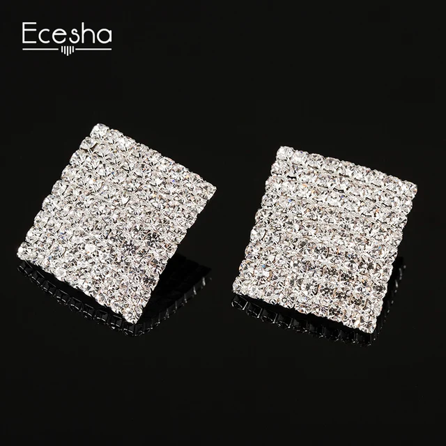 Ecesha Brand Square Geometric Ear Stud Earrings Crystal Silver Ecesha Brand Square Geometric Ear Stud Earrings Crystal Silver Color Rhinestone Brincos For S