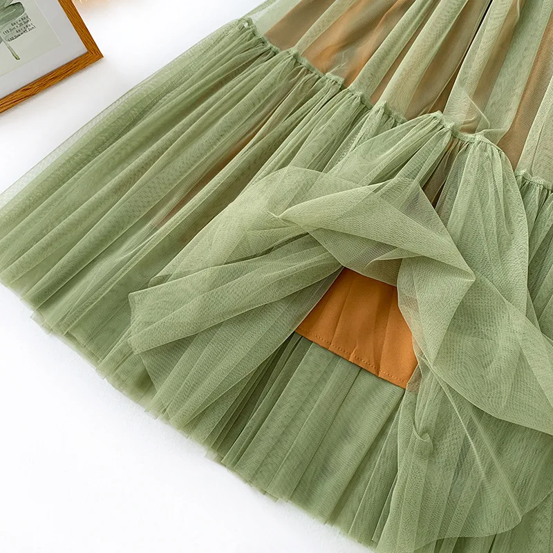 Surmiitro Корейская Длинная летняя женская юбка из тюля повседневная женская элегантная зеленая с высокой талией трапециевидная плиссированная длинная юбка от солнца Женская