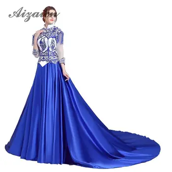 

Blue And White Oriental Evening Dress Women Fashion Trailing Party Dresses Cheongsam Long Backless Qipao Robe Chinoise Qi Pao