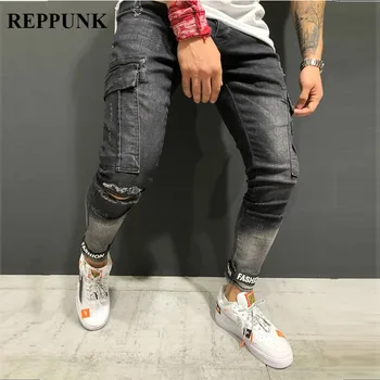 

REPPUNK 2019 New Slim Fit Ripped Jeans Men black Hi-Street Male Distressed Denim personality male Knee Holes Washed denim pants