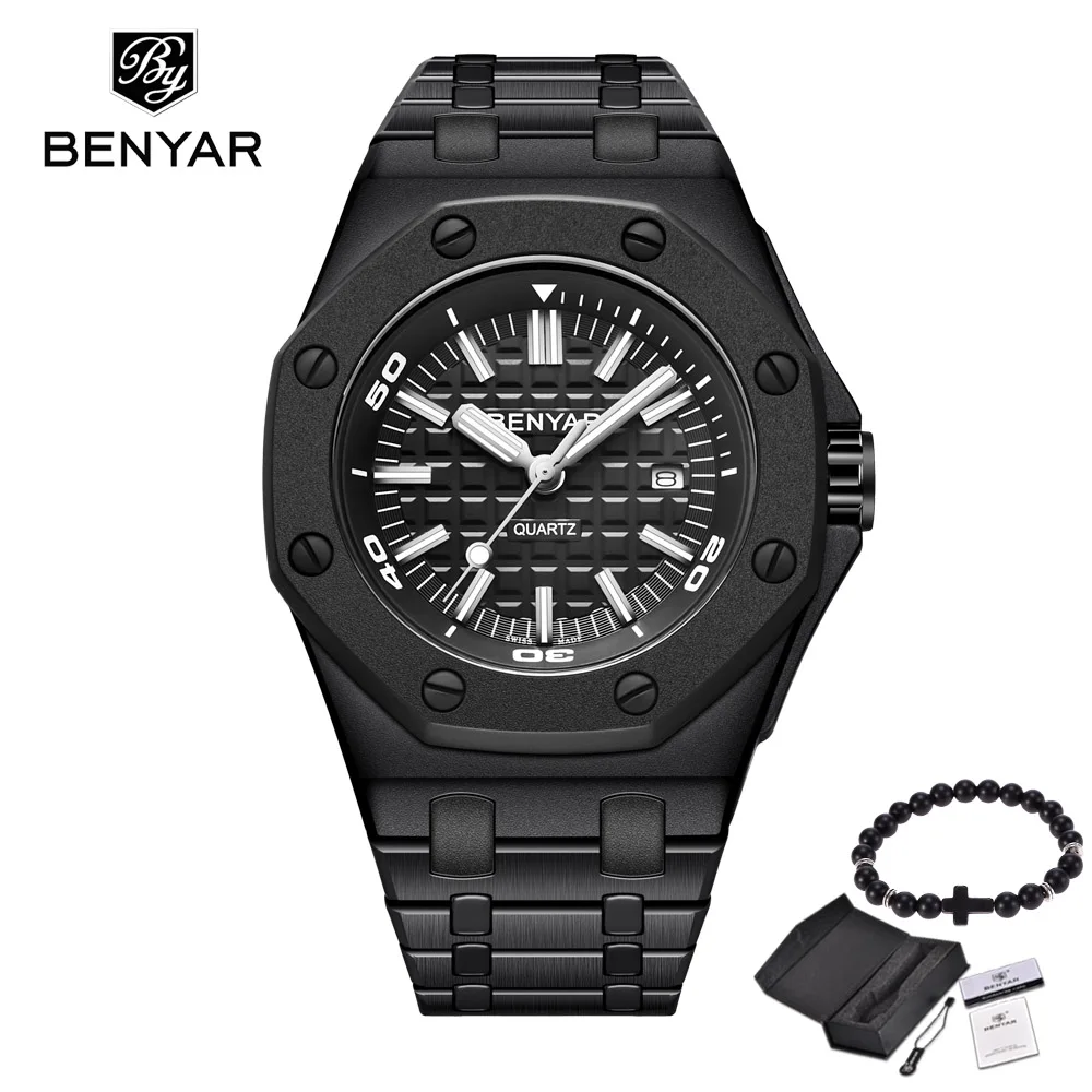 Benyar Для мужчин спортивные часы Топ Элитный бренд Военная Reloj Hombre Сталь кварцевые часы Водонепроницаемый Часы Montre для повседневного использования Homme бесплатный подарок - Цвет: black