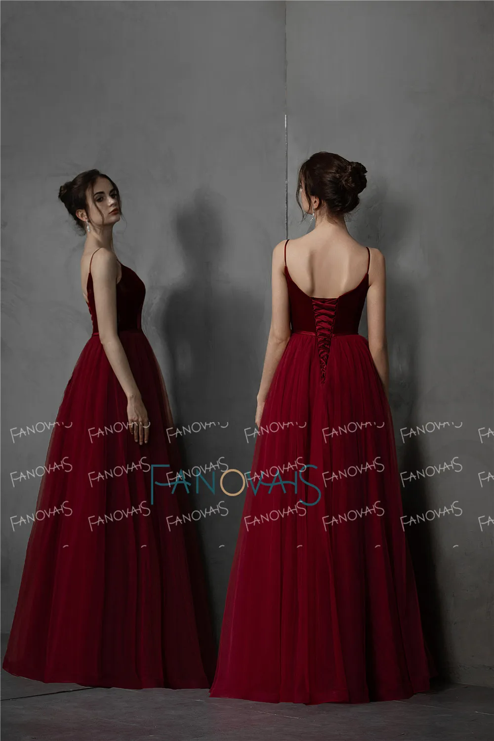 Burgundy Evening Dresses Long Straps V Neck Tulle Velvet A-Line Lace Up Back Evening Gown Prom Dress Robe de Soiree NE58