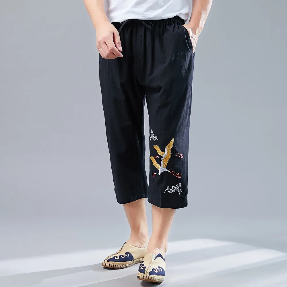 LZJN Men’s Summer 34 Pants Casual Cotton Linen Elastic Waistband Wide Leg Capri Short Bermuda Embroidery Beach Playa Hombre (18)