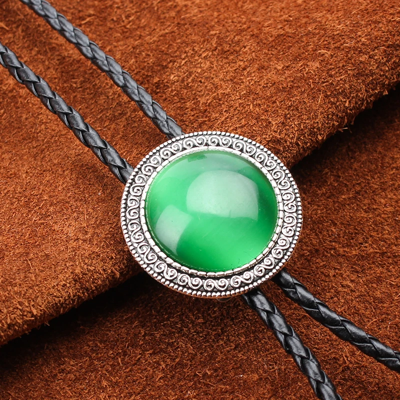 

Original Western Cowboy BOLO Tie Clip Middle Inlay Green Jade Wavy lace PU Leather Rope Mens Fashion Jewelry