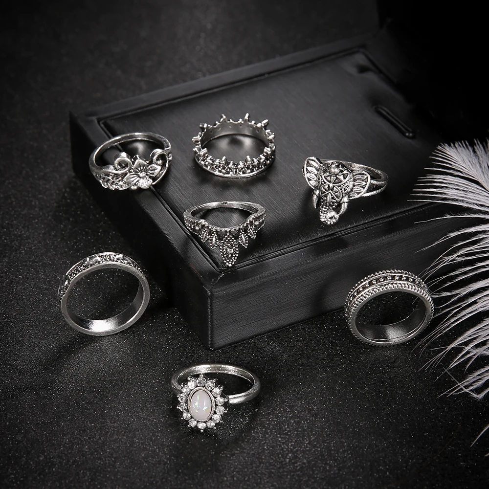 7-piezas-setBohemia-plata-antigua-elefante-flor-Rosa-coraz-n-corona-tallada-anillos-conjunto-nudillo-dedo (3)