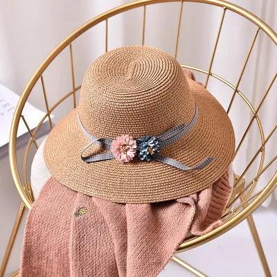 Coreano lacha de Fita Dupla flor Chapeu Pai-Filho Chapeu Do Bebê Meninas Da Praia chapeus de Palha das mulheres Chapeu de sol - Цвет: 3
