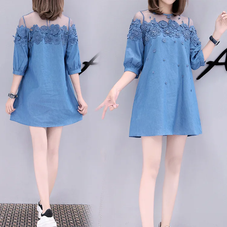 Vestidos Verano 2018 летнее женское джинсовое платье цветочное кружевное лоскутное милое