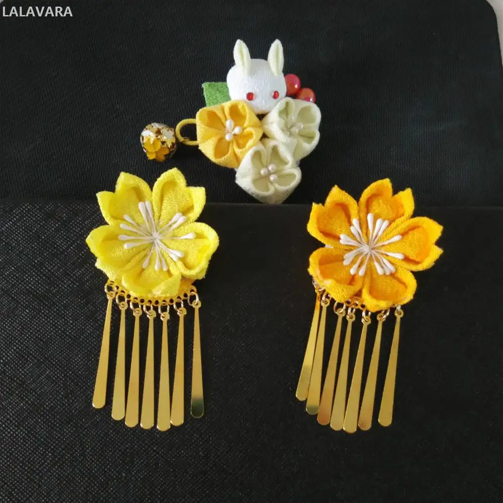 

LALAVARA 1set custom Sakura rabbit kanzashi Children girls flower hair clips
