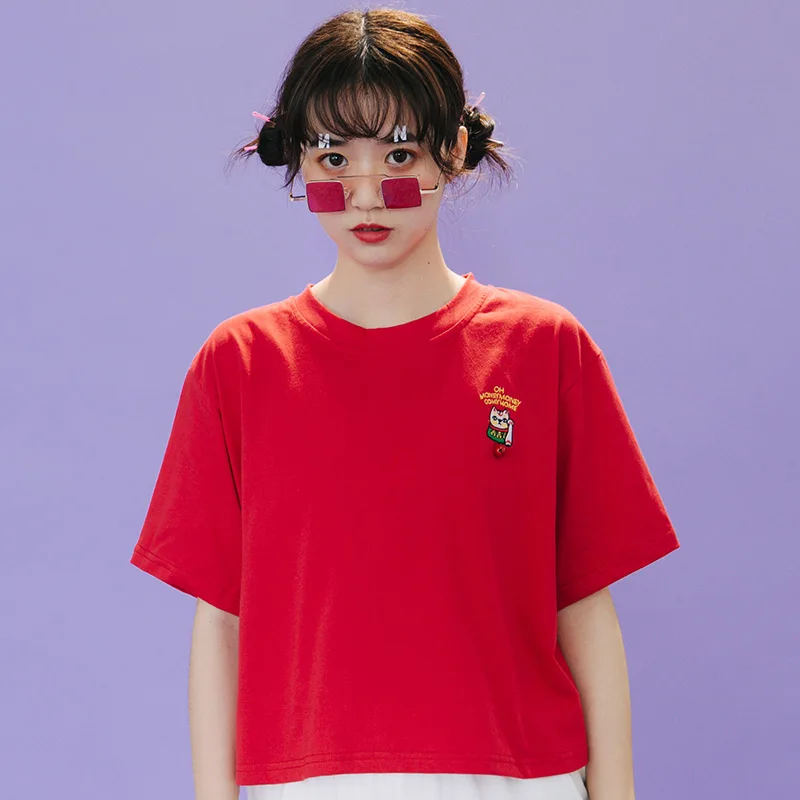 

Original Design Short T-Shirt Red White Women Tee Tops Lucky Cat Embroidery Bell High Quality Cotton Summer Female Tshirt