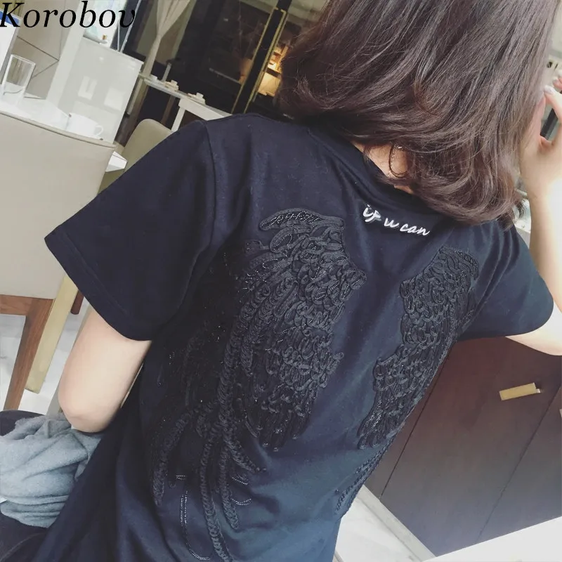 

Korobov 2019 Summer Wing 3D Embroidery T shirts O-Neck Catch Me Print Women T shirt Korean New Arrival T-Shirt 76932