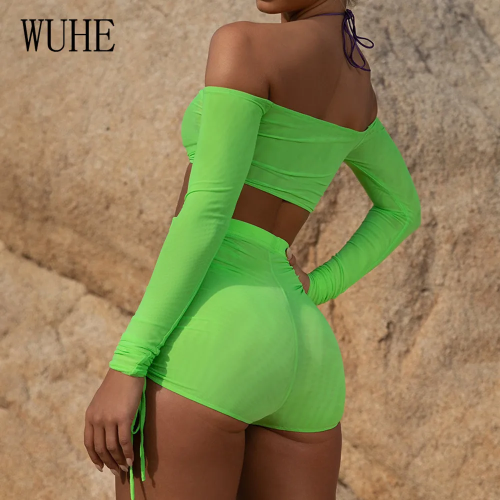 WUHE Sexy Playsuit Neon Green Mesh Party Club Bodycon Overalls Off Shoulder Long Sleeve Two Piece Shorts Rompers Womens Jumpsuit WUHE Sexy Playsuit Neon Green Mesh Party Club Bodycon Overalls Off Shoulder Long Sleeve Two Piece Shorts Rompers Womens Jumpsuit