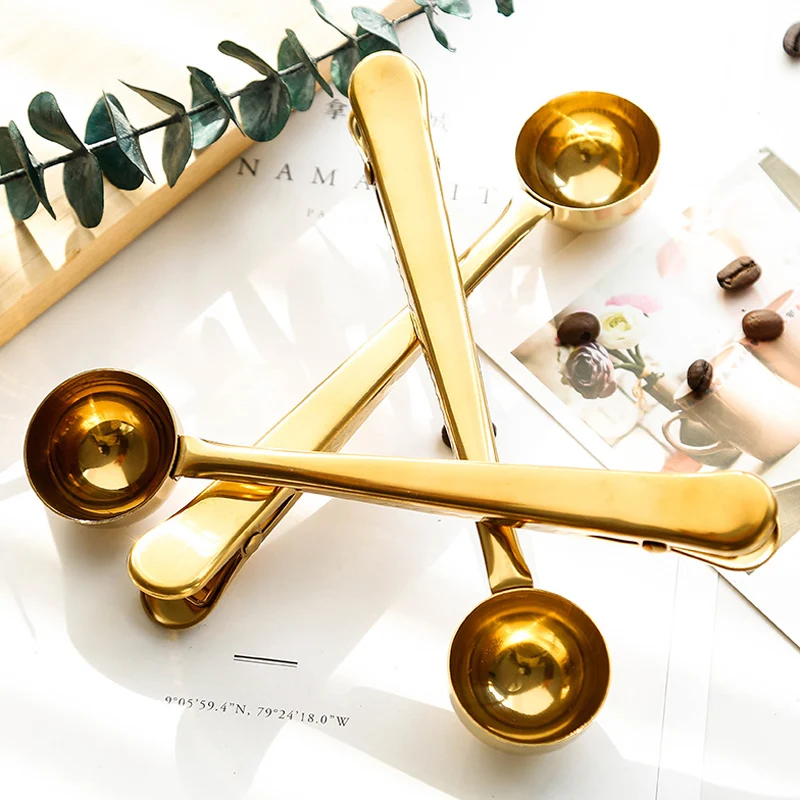 Stainless Steel Coffee Spoon Clip Coffee Tea Measuring Spoon Scoop with Bag Clip Kitchen Accessories Gold Silver Color (1)