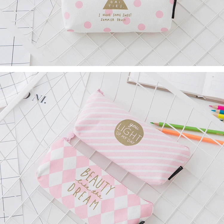 Холст в полоску пенал для обувь девочек милые геометрические розовый pencilcase ручка сумка коробка канцелярские сумка для школьных