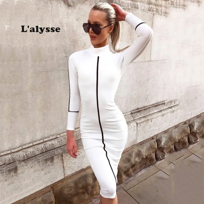 

Lalysse 2019 Sexy Bodycon Dress Women Pink Long Sleeve Contrast Stripe High-necked Casual Long Dress Elegant Autumn Dress Black