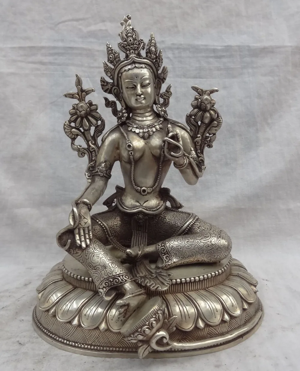 Free Shipping 002025 10&quot Tibet Silver Buddhist Style Bronze Lotus Green Tara Buddha Statue Sculpture | Дом и сад
