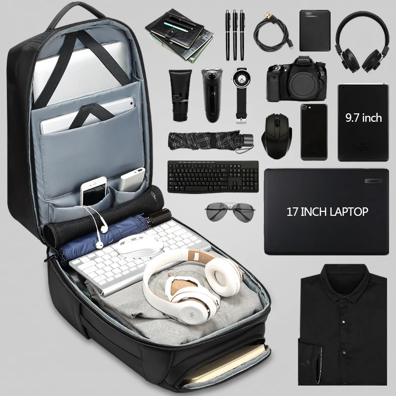  17.3 inch Laptop Backpack Men with USB Charging & Water Repellent Functional Rucksack Large Capacit