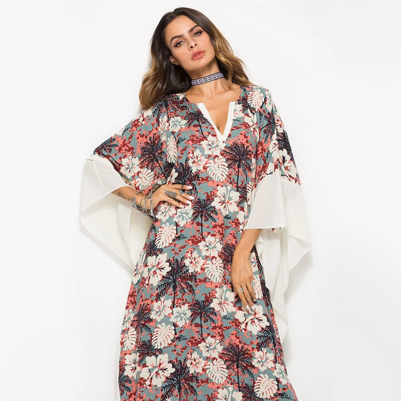 

Cncool Europe and America Fashion Plus Size Print Maxi Dress Women Loose Splice Bat Sleeve Casual Long Dress Streetwear
