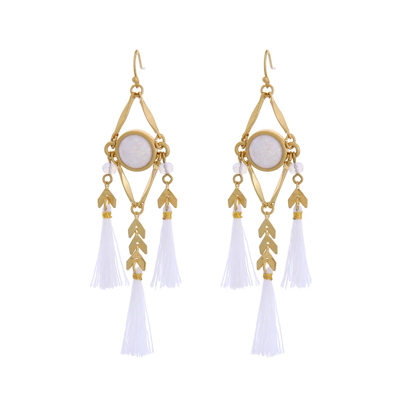 Classic Resin Black White Tassel Earrings Ethnic Jewelry Handmade Long Chandelier Earrings Women