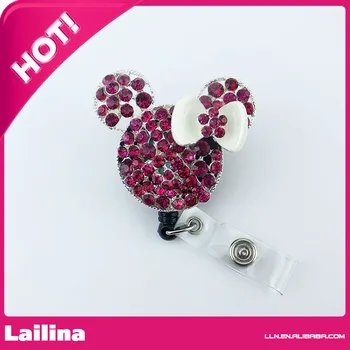

Fuchsia Rhinestone White Bow Minnie Mouse Head Retractable Black Badge Reel/ID Badge Holder/Pendant/Id Badge Holder