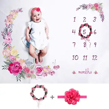 

Flower Printed Baby Monthly Blankets Swaddle Wrap Soft Newborn Blanket with Floral Wreath Headband Photography Props Background