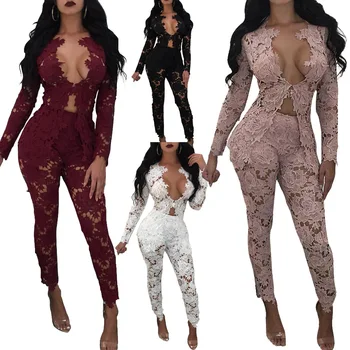 

European and American Autumn and Winter Lace Two-piece Sexy V-neck Hollow Night Club Women Sets