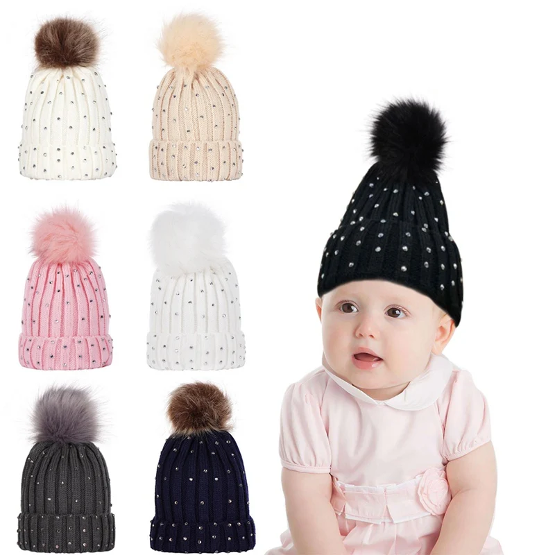 

Fashion Rhinestone Baby Girl Hat Winter Newborn Baby Girl Knitted Hats Girls Beanie Fur Pom Pom Hat Children Cap Girls Hats Caps