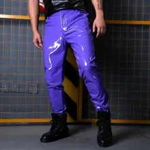 Модные синие из лакированной кожи стрейч брюки костюмы этап, Цвет тонкий Бандаж с высокой талией кожаные штаны