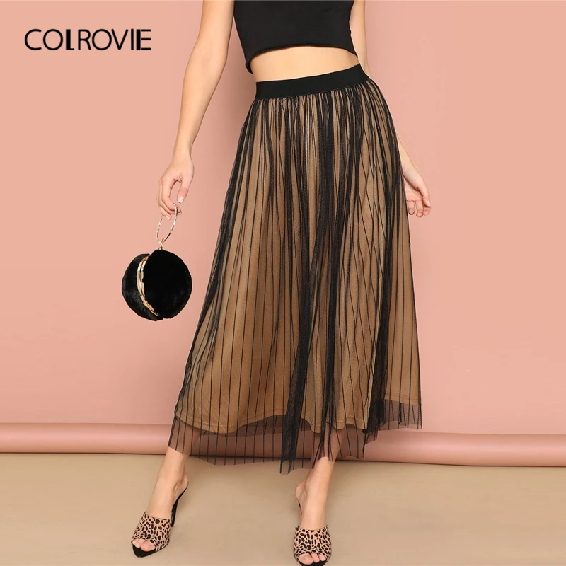 COLROVIE черный эластичный пояс в полоску Mesh Overlay элегантный Для женщин Длинная юбка 2019 корейский стиль эластичные офисные женские юбки