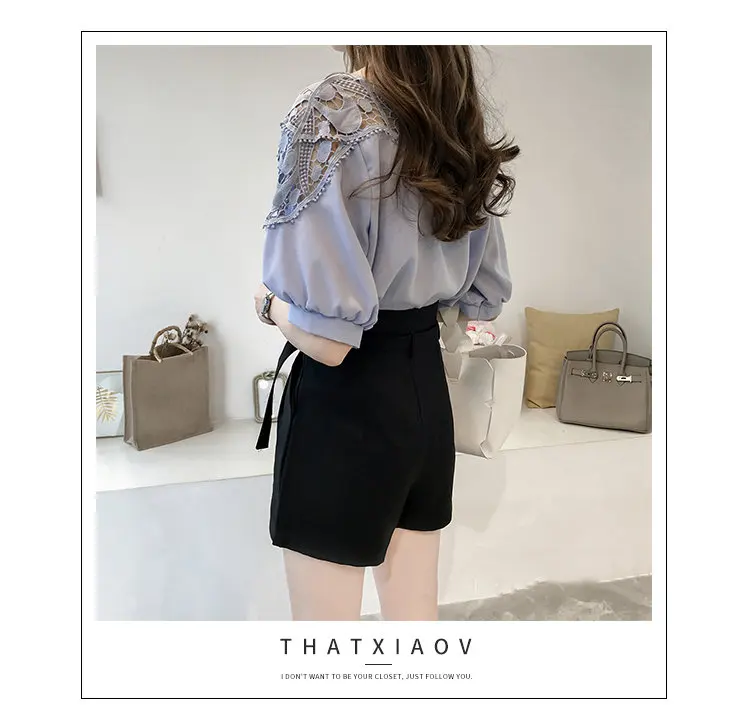 New Summer Tops Large Size Chiffon Blouses Women Korean-style Hollow Lace Patchwork Shirts Femme Casual Short Sleeve Blusas Mujer De Moda 2019 (13)