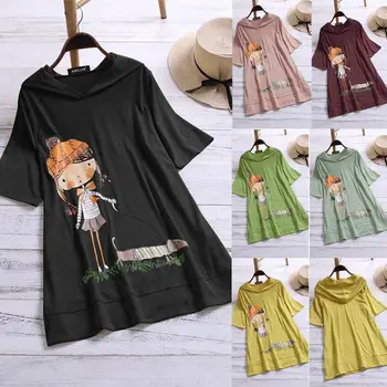 

KLV 2019 Summer Women Plus Size Cotton Hooded Korean Cute Cartoon Print Tops Short Sleeve Hoodies T-Shirt
