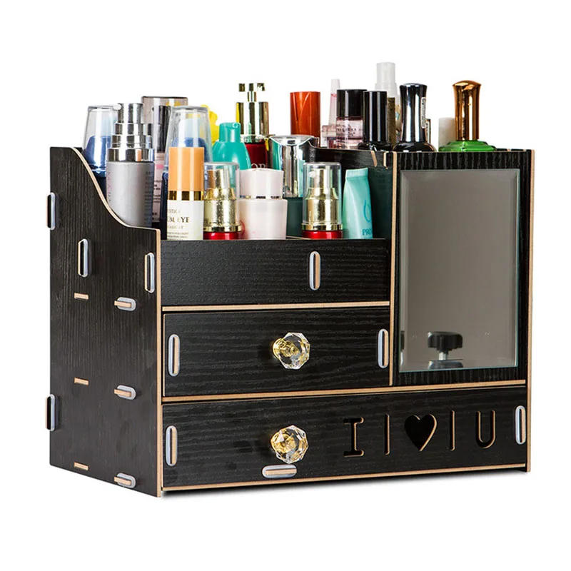 Wood DIY Multi function Desktop Storage Box Make Up Organizer Case Cosmetic Storage Box Makeup