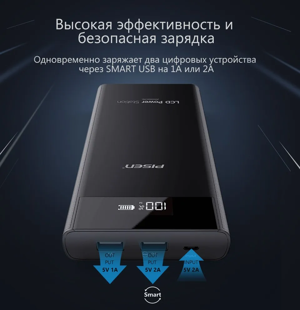 PowerBank Pisen Портативный внешний аккумулятор Общая емкость 20000 мАч Зарядное устройство для смартфонов и планшетов