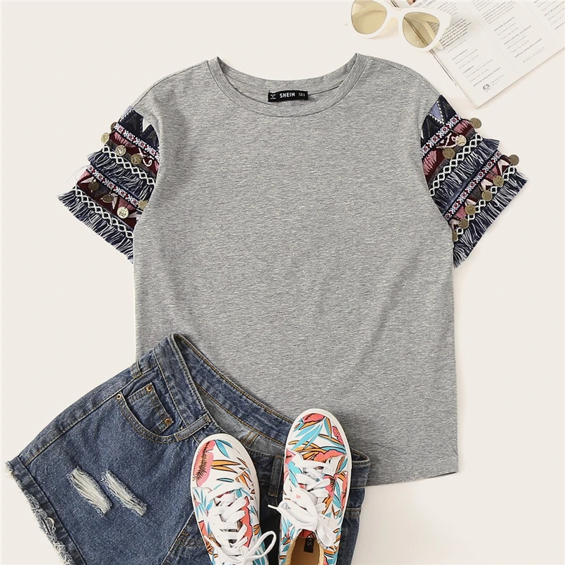 SHEIN, народный стиль, бахрома, отделка, Heathered Tee, Повседневная футболка, женская,, летняя, короткий рукав, эластичная, Boho, Милая футболка, топы