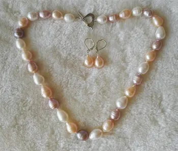 

Charming Pearl Jewellery Set White Pink Lavender Multicolor AA 9-10MM Real Freshwater Pearl Necklace Earrings