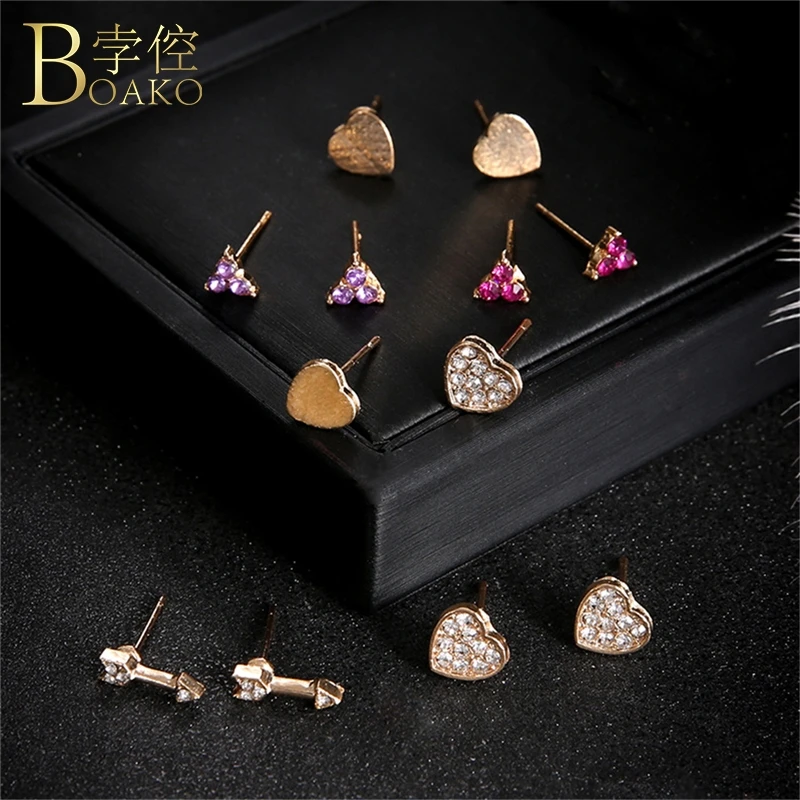 

BOAKO 6 Pairs/Set Tiny Crystal Earrings For Women Flower Love Heart Arrow Stud Earrings Girl Gold Earring Set Party Jewelry K4