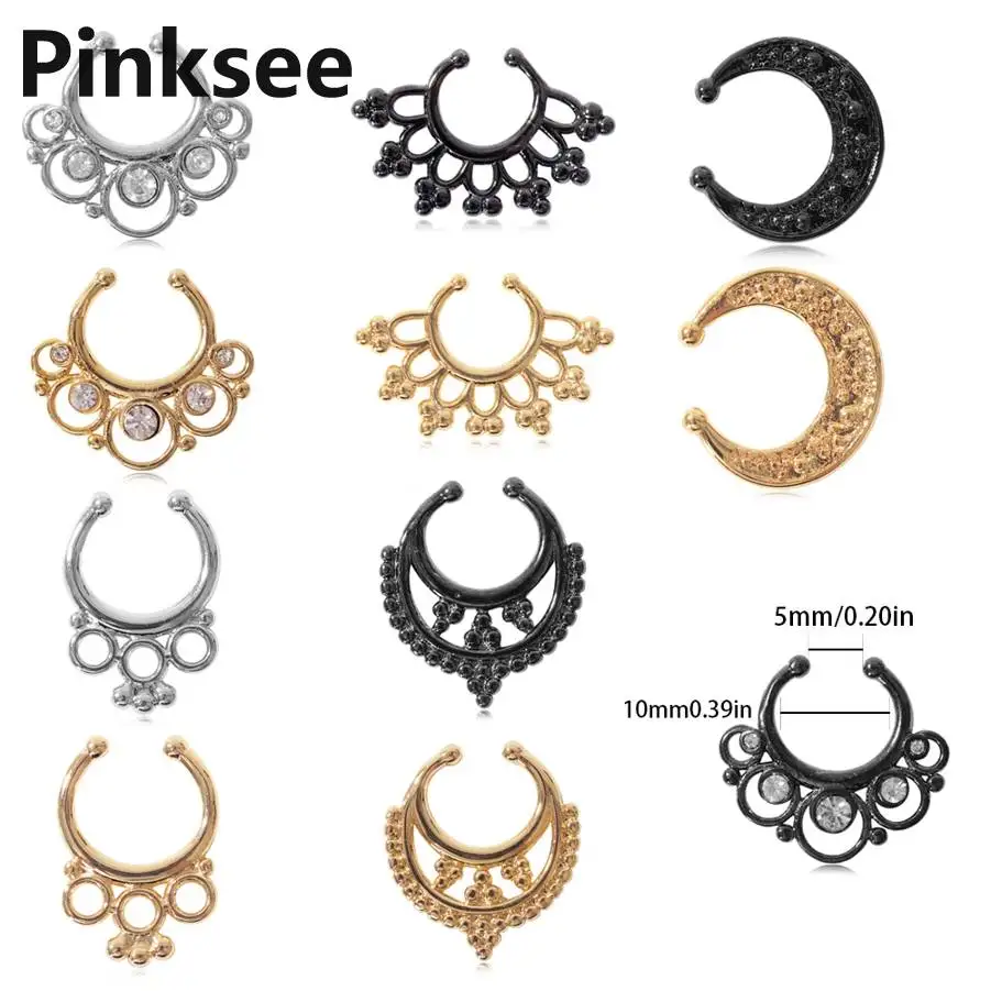 

Stainless Steel Flower Clicker Fake Septum for Women Nose Clip Hoop Vintage Moon Fake Nose Ring Faux Piercing Body Jewelry